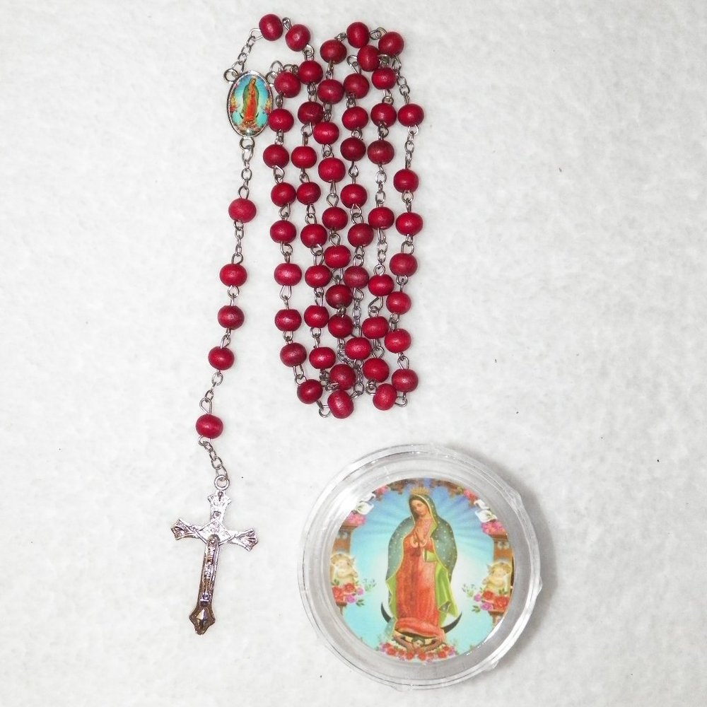 Men's Red Brown Scented Wood Rosary Beads Crucifix Guadalupe